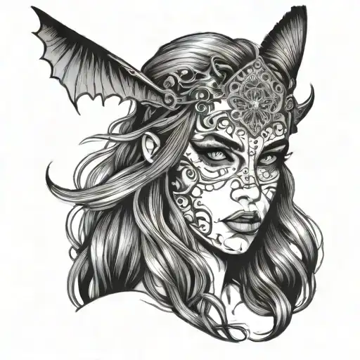 a face-front woman with long hair and white eyes, intimidating look tattoo design idea