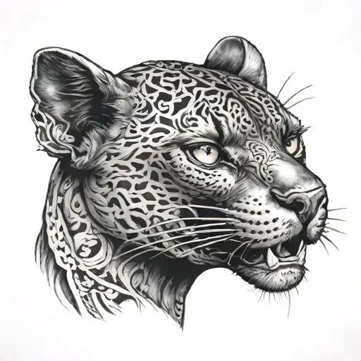 A portrair of a Front-Face black phanter with an intimidating looking tattoo design idea