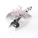 A serene and tranquil nature scene featuring a ukulele among blooming cherry blossom trees tattoo design idea