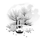 A serene and tranquil nature scene featuring a ukulele among blooming cherry blossom trees tattoo design idea