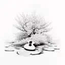 A serene and tranquil nature scene featuring a ukulele among blooming cherry blossom trees tattoo design idea