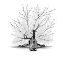 A serene and tranquil nature scene featuring a ukulele among blooming cherry blossom trees tattoo design idea