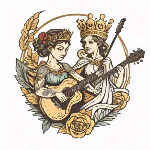 Goddess athena with a crown and a guitar player with that pass hos crown to a little kid tattoo design idea