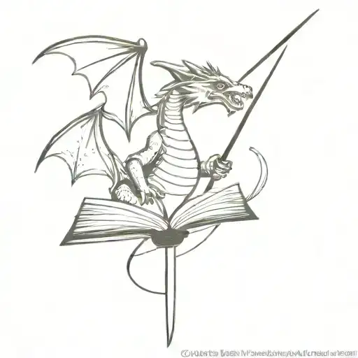 open book with a dragon, wizard hat and sword flying out tattoo design idea