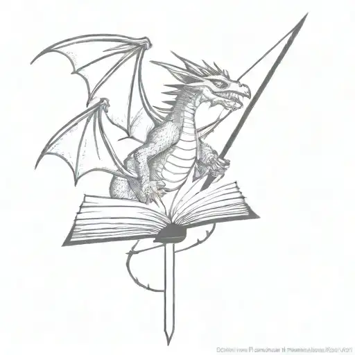 open book with a dragon, wizard hat and sword flying out tattoo design idea