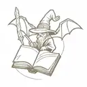 open book with a dragon, wizard hat and sword flying out tattoo design idea
