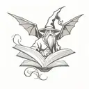 open book with a dragon, wizard hat and sword flying out tattoo design idea