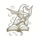 open book with a dragon, wizard hat and sword flying out tattoo design idea