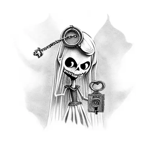 A spooky silhouette of Coraline holding a key, with thread unraveling around her tattoo design idea