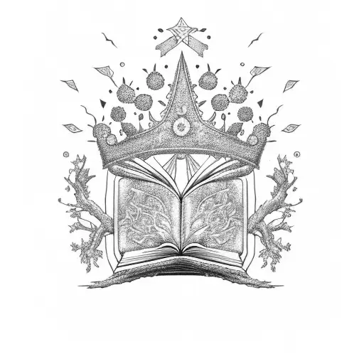 Hand-drawn tree featuring a intricate crown composed of open books, from which random inscriptions gracefully emerge. tattoo design idea