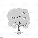 Hand-drawn tree with a complex canopy made of open books, and random inscriptions flying out from those books tattoo design idea