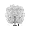Hand-drawn tree with a complex canopy made of open books, and random inscriptions flying out from those books tattoo design idea