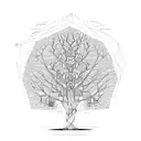 Hand-drawn tree with a complex canopy made of open books, and random inscriptions flying out from those books tattoo design idea