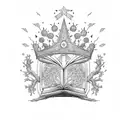 Hand-drawn tree featuring a intricate crown composed of open books, from which random inscriptions gracefully emerge. tattoo design idea