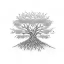 Hand-drawn tree featuring a intricate crown composed of open books, from which random inscriptions gracefully emerge. tattoo design idea