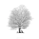 Hand-drawn tree with a complex canopy made of open books, and random inscriptions flying out from those books tattoo design idea