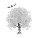 Hand-drawn tree with a complex canopy made of open books, and random inscriptions flying out from those books tattoo design idea
