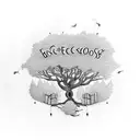 Hand-drawn tree with a complex canopy made of open books, and random inscriptions flying out from those books tattoo design idea