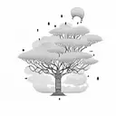 Hand-drawn tree with a complex canopy made of open books, and random inscriptions flying out from those books tattoo design idea