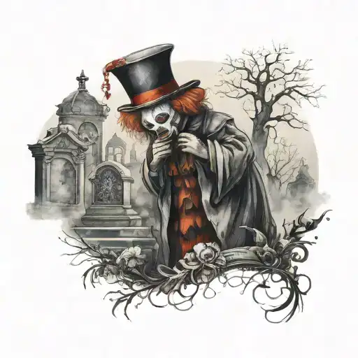 A hauntingly beautiful scene of a clown standing in a misty cemetery at night tattoo design idea