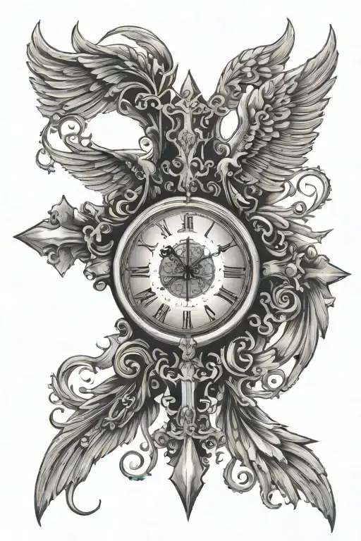 Serbian cross with wings and fullery and in the middle of the cross have a time clock tattoo design idea