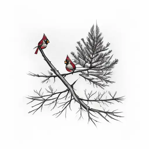 Cardinals on tree with branches number 4 tattoo design idea