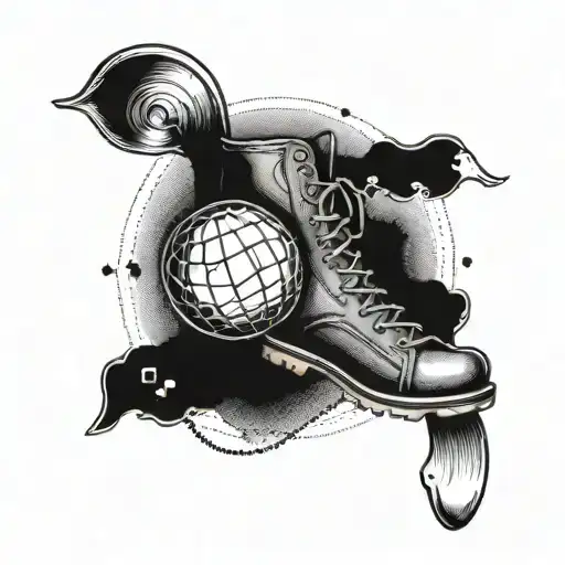 Geography globe with hiking boots and a sports ball intertwined tattoo design idea