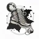 Geography globe with hiking boots and a sports ball intertwined tattoo design idea