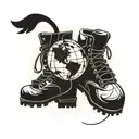 Geography globe with hiking boots and a sports ball intertwined tattoo design idea
