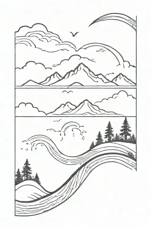 mountains with some trees that merges into a ocean with a crashing wave  tattoo design idea
