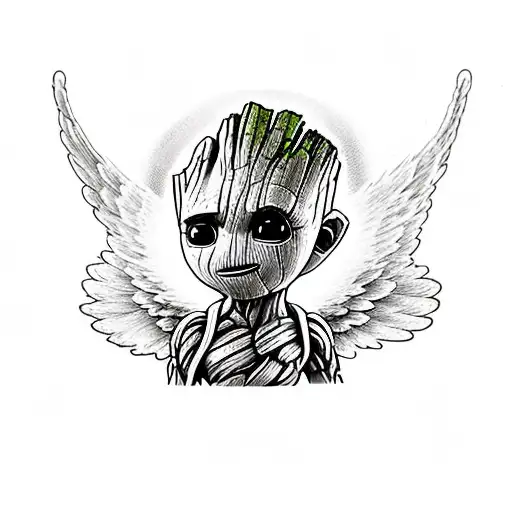 baby groot with angel wings and a halo tattoo design idea