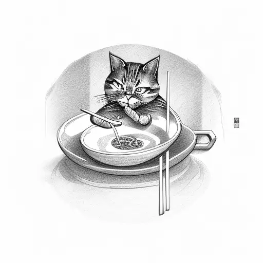 cat eating noodles with chopsticks, in the form of a tattoo tattoo design idea