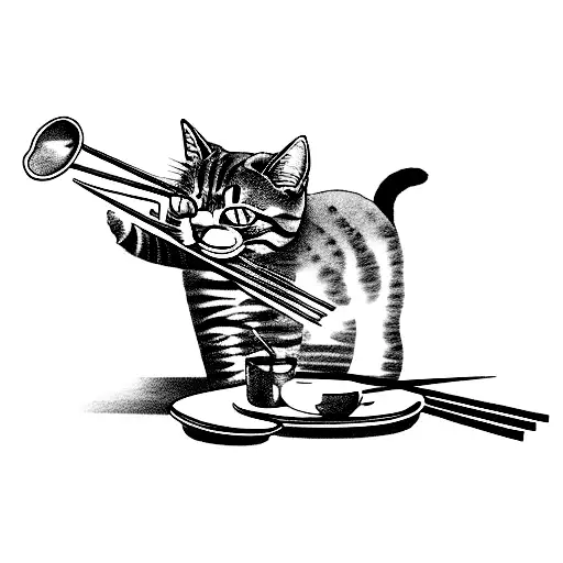 cat eating noodles with chopsticks, in the form of a tattoo tattoo design idea