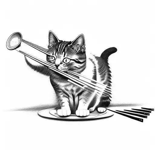 cat eating noodles with chopsticks, in the form of a tattoo tattoo design idea