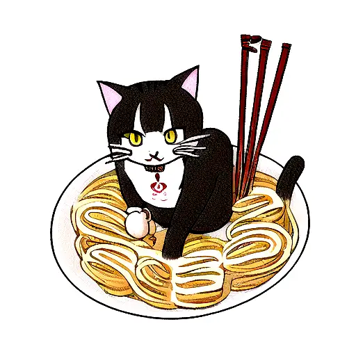 cat eating noodles with chopsticks, in the form of a tattoo tattoo design idea