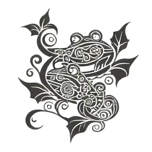 frogs, leaves, sea, sun and maori-waka-canoe tattoo design idea
