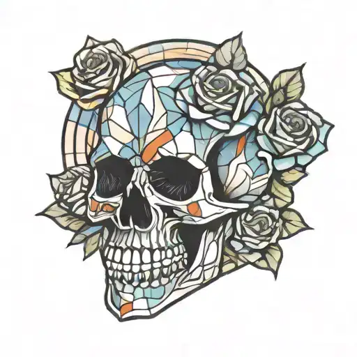 Stained glass skull with roses, fool tarot card, poker themed all in stained glass style tattoo design idea