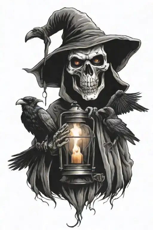 grim reaper holding a lantern with ravens watching tattoo design idea