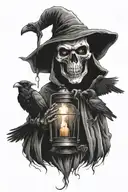 grim reaper holding a lantern with ravens watching tattoo design idea