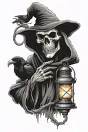 grim reaper holding a lantern with ravens watching tattoo design idea