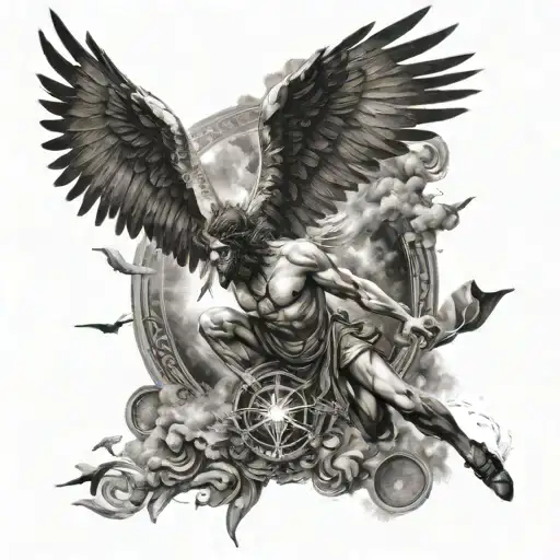 icarus falling from sky with lucifer eye symbol integrated tattoo design idea