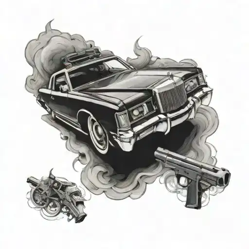 1971 lincoln continental with smoke and pistol surrounded tattoo design idea