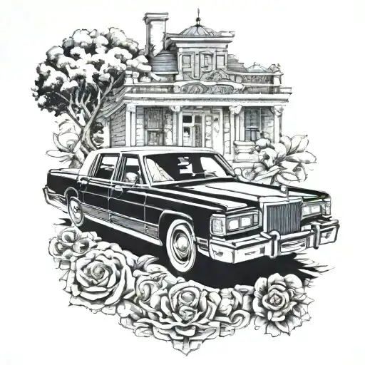 A blackwork tattoo featuring a vintage Lincoln Town Car with a subtle hint of a glock tattoo design idea