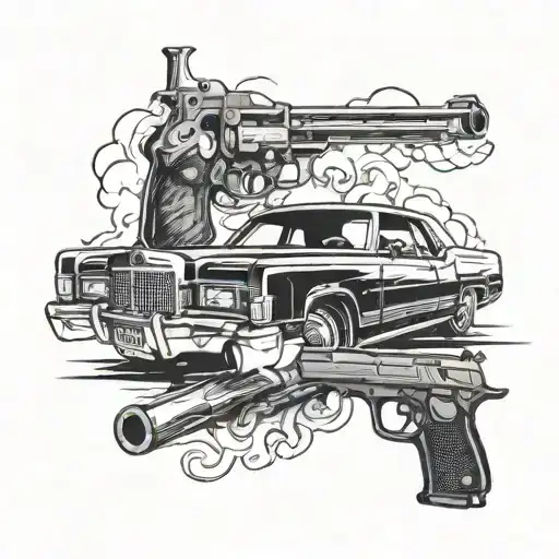 1971 lincoln continental and a glock with smoke coming out of the barrel tattoo design idea