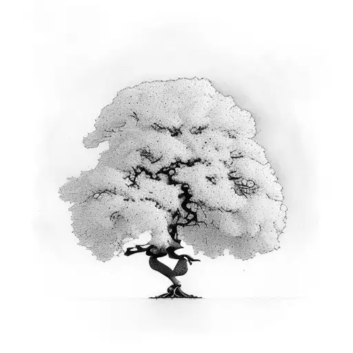 a tree is split by a thick line. left half of the tree is a sycamore, the right half of the tree is a southern live oak tattoo design idea