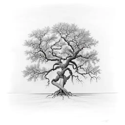 a tree is split by a thick line. the left half of the tree is a sycamore, the right half of tree is a southern live oak tattoo design idea