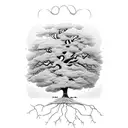 a tree is split by a thick line. left half of the tree is a sycamore, the right half of the tree is a southern live oak tattoo design idea