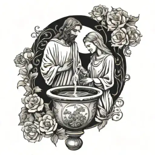 Jesus and the woman by the well on the surface of a tall vase full of water tattoo design idea