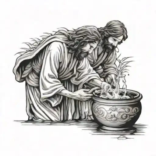 Jesus and the Samaritan woman by the well from John chapter 4 shown on the surface of a vase full of water tattoo design idea