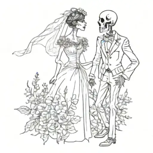 The design of kissing skeletons of the bride and groom in the bride's dress and the groom's trousers standing with wild flowers tattoo design idea